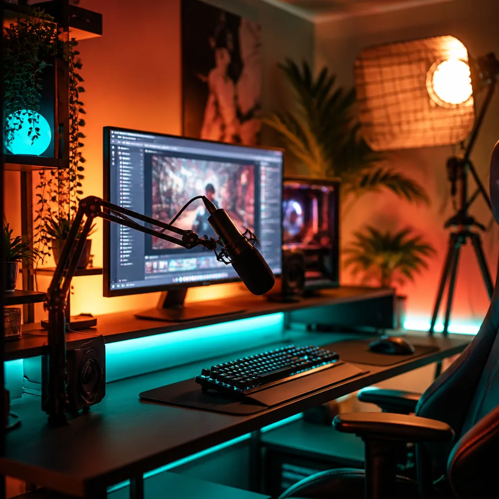 A streamer's neon desk with a boom-arm microphone, keyboard and a live stream on the monitor