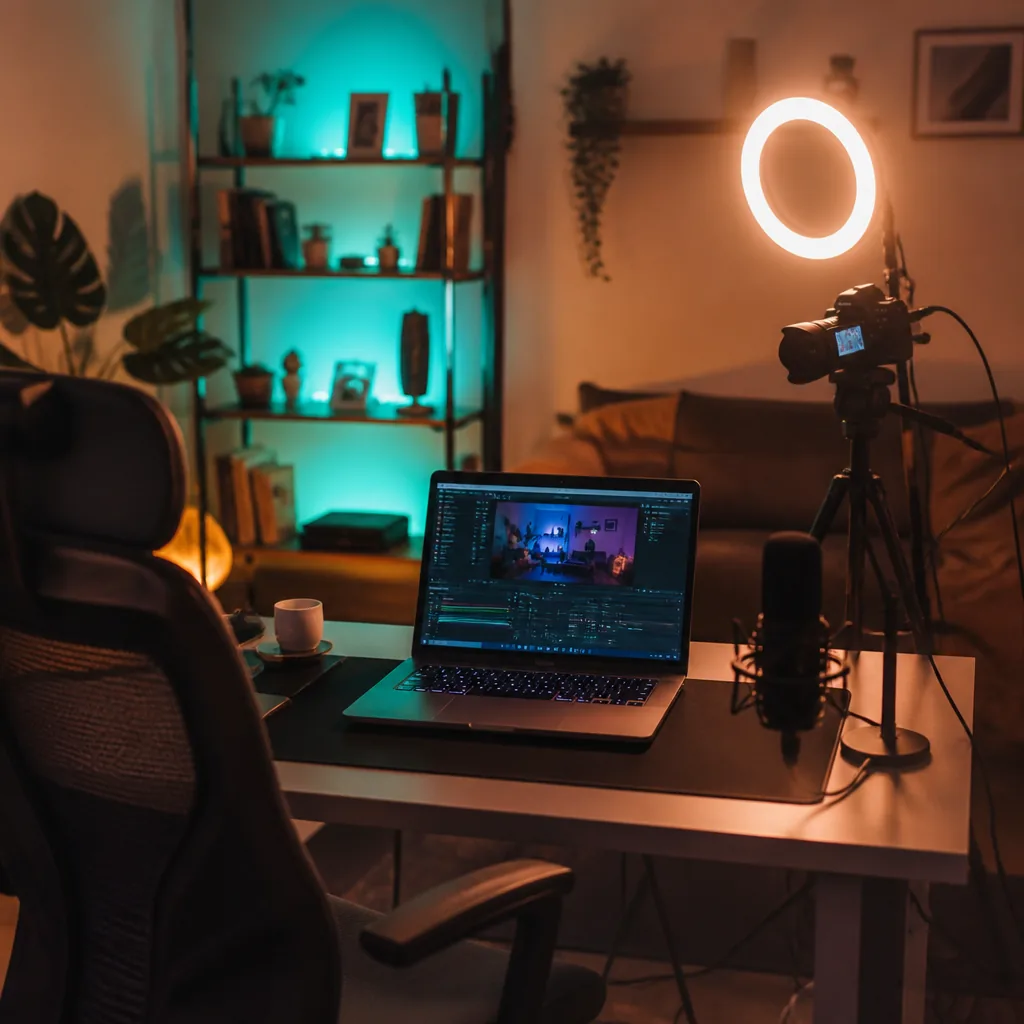 A cosy weekend streaming setup with a ring light, microphone and OBS on a laptop