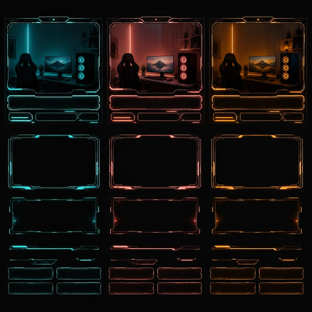 Three colour themes of a stream overlay frame in teal, coral and amber