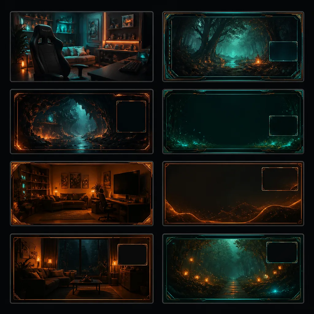 A grid of OBS scene layouts — full-cam, gameplay-plus-cam, chatting and intermission — in teal, coral and amber